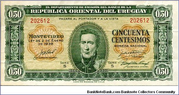 50 Centimos
Green/Brown
Series S
José Gervasio Artigas 1764 -1850
Value & Coat of Arms
CDM Banknote