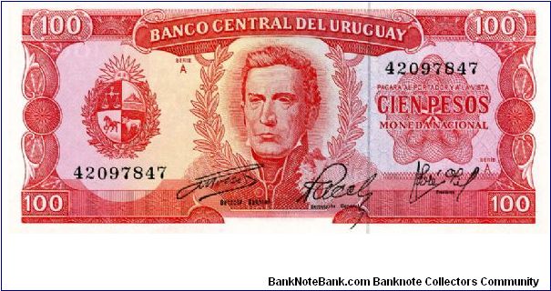 100 Pesos
Red
Coat of Arms & José Gervasio Artigas 1764 -1850
J G Artigas presiding over independence meeting 
Security Thread
T De La Rue Banknote