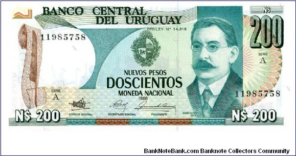 200 New Pesos
Green/Brown
Coat of Arms & Jose Enrique Rodo
Monument to J E Rodo in Montivideo
Security Thread
Watermark  J G Artigas
Ciccone Banknote