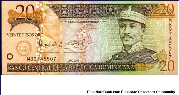 20 Gold pesos
Brown/Green/Purple
Gregorio Luperon  1839 -1897
Panteon Nacional
Security Thread Banknote