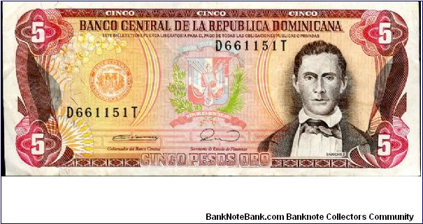 5 Gold pesos
Purple/Orange/Green
Bank Seal, Coat of Arms & J Sanchez 
Hydroelectric dam 
Security Thread
Harrison & Sons. Banknote