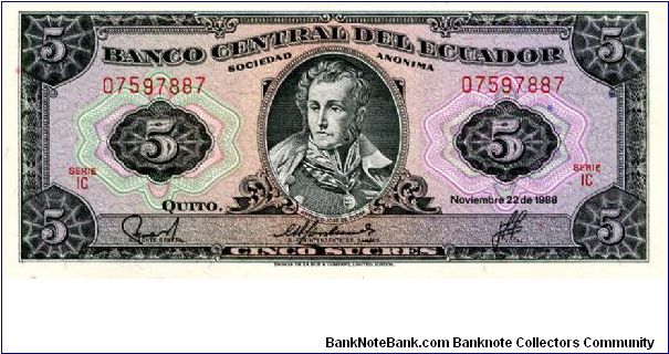 $5
Gray/Pink/Red
Series 1C
Antonio Jose de Sucre  
Value & Coat of Arms
T De La Rue Banknote