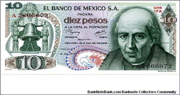 10 Pesos
Green/Purple/Blue
Series 1FA
Fancy Bell & Hidalgo y Castilla
Church in Dolores Hidalgo, Guanajuato - Cradle of National Independence Banknote