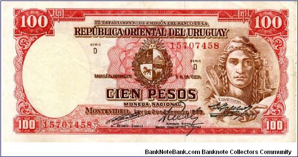 1939 
100 Pesos
Red/Brown
Coat of Arms & Lady Liberty
Crowd in town square 
Security thread
Watermark J G Artigas 
T De La Rue Banknote