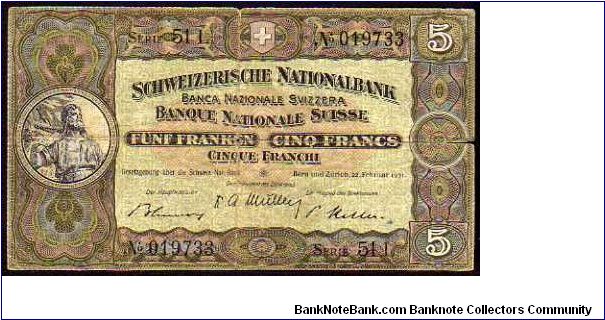 5 Francs_
Pk 11 o (2)_
22-02-1951_
signatures: Müller / Rossy / Blumer Banknote