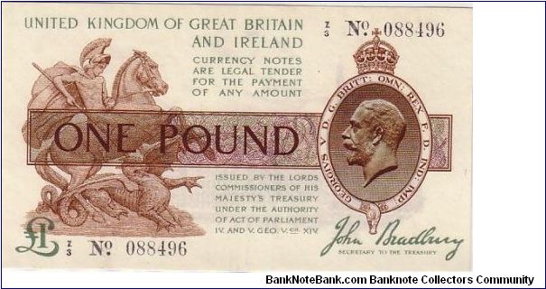 ANOTHER PAPER FOR ENGLAND--
  ONE POUND BY JOHN BRADBURY Banknote