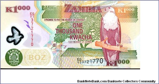 1000 Kwacha Polymer
Green/Purple
See through window above Bank seal & African Fish Eagle
Aardvark & Farmer on tractor, Chainbreaker statue Banknote