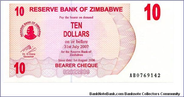 $10 Bearer Cheque
Pink
Matapos rocks & Value
Huts, Farm & women working
Security thread
Watermark: Zimbabwe Bird Banknote
