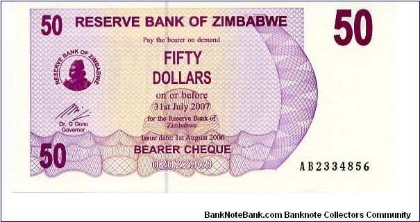 $50 Bearer Cheque
Purple
Matapos rocks & Value
Victoria Falls or Mosi-oa-Tunya
(the Smoke that Thunders) on Zambezi River
Security thread
Watermark: Zimbabwe Bird Banknote