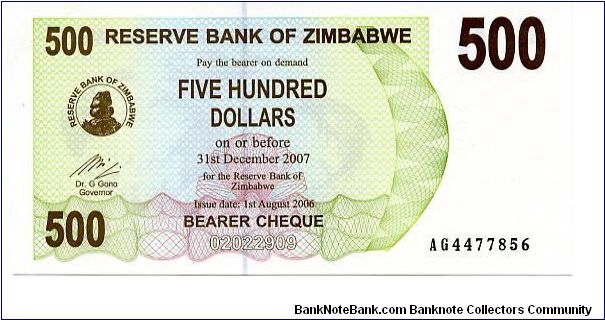 $500 Bearer Cheque
Green/Purple
Matapos rocks & Value
Tigerfish; Kariba dam on Zambezi River
Security thread
Watermark: Zimbabwe Bird Banknote