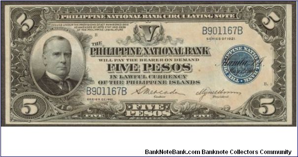 p53 1921 5 Peso Philippine National Bank Circ. Note Banknote