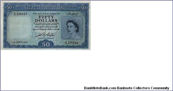 50 Dollar dated 21st March 1953 w/ serial No:A/3 228292

Obverse:The portrait of Queen Elizabeth II with the tiger head watermark 

Reverse:The emblems of the then 15 states i.e. Pahang, Perak, Malacca, Brunei, Kedah, Sarawak, Kelantan, Singapore, Perlis, Perlis, Sabah, Johore, Terengganu, Penang, Selangor, Negeri Sembilan

Signed by:WC Taylor

Printed by:Bradbury Wilkinson & Co Ltd Banknote