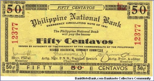S-623a Negros Occidental 50 centavos note. Banknote