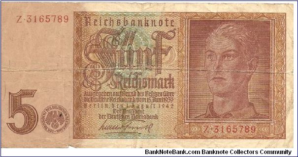 3rd Reich. Notice swastika seal next to the number 5 Banknote
