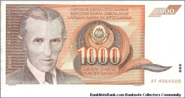 Brown and orange. N. Telsa at left and as watermark. High frequency transformer on back. Banknote