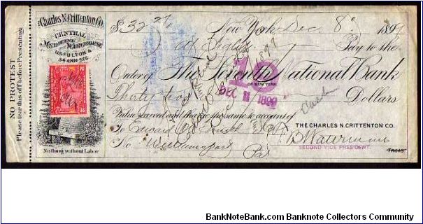 (Cheque)

32,27 Dollars
Pk NL

(U.S the 7th National Bank in New York from Charles N. Crittenton Co.)

Dated  
08 - 12 - 1899 Banknote