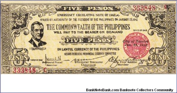 S-648a Negros Occidental 5 Pesos note in series, 9 of 11. Banknote