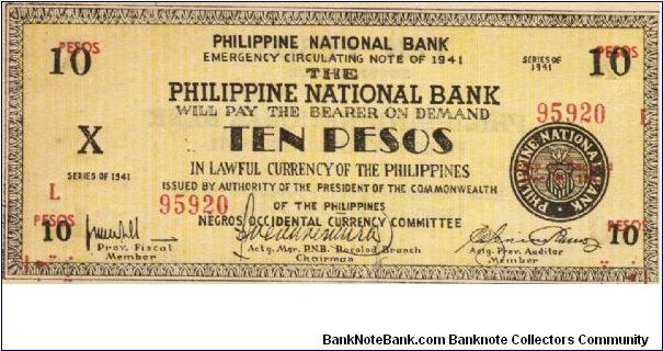 S-627b RARE Negros Occidental 10 Pesos note in series, 20 of 20. Banknote