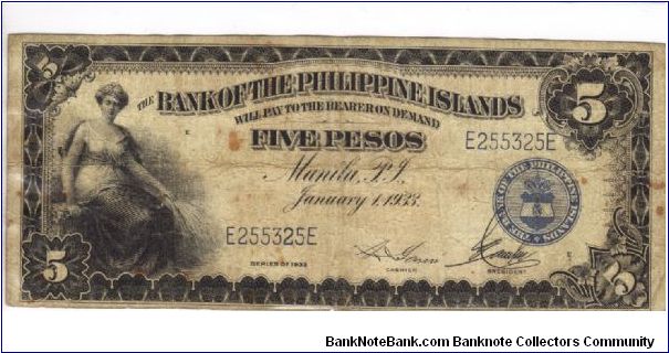 PI-22 Bank of the Philippine Islands 5 Pesos note. I will trade this note for Philippine or Japan Occupation notes I need. Banknote