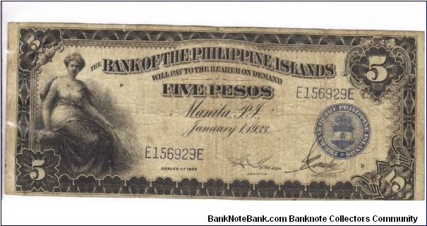 PI-22 Bank of the Philippine Islands 5 Pesos note. I will trade this note for Philippine or Japan Occupation notes I need. Banknote