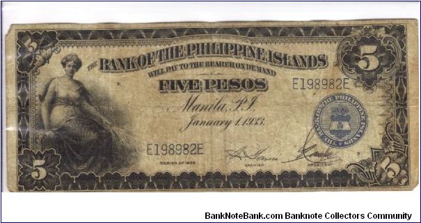 PI-22 Bank of the Philippine Islands 5 Pesos note. I will trade this note for Philippine or Japan Occupation notes I need. Banknote