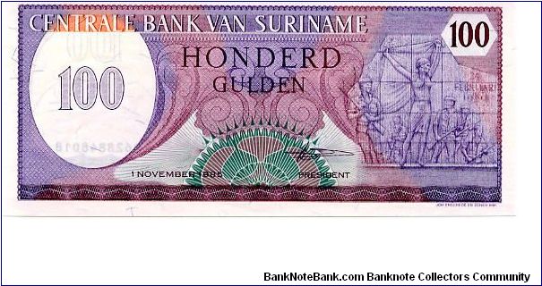 100 Gulden
Purple
Value, Soldiers & women 
Value & Goverment Building
Wmk :toucan's head Banknote