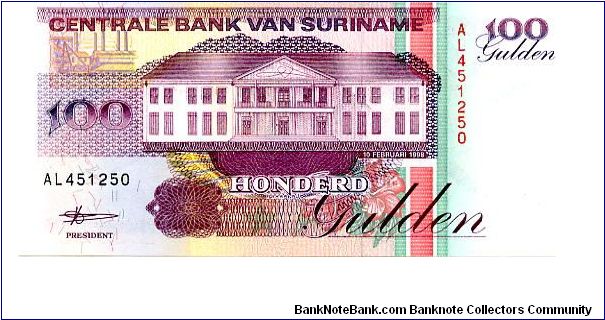 100 Gulden
Purple
Factory  above Value & Central Bank building 
Toucan & strip mining 
Wmk :toucan Banknote