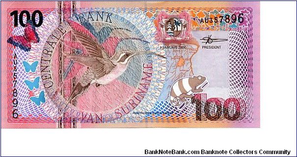 100 Gulden
Multi
Buterfly, Eastern Long-tailed Hermit (Hummingbird)  & Coat of Arms, Gecko
Gecko, Plumeria Rubra - Frangipani
Security thread
Wmk Bank building
De La Rue Banknote