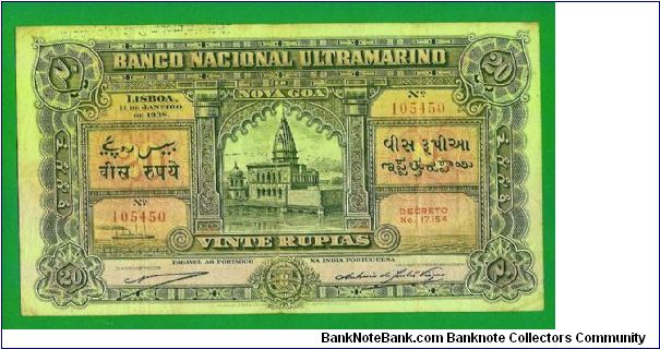 A very rare Portuguese India 20 Rupiah 1938 in a very fine + conditin Banknote