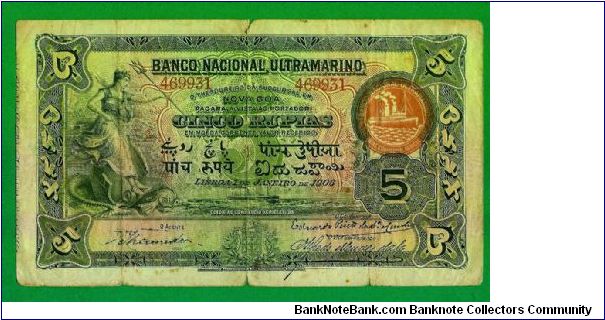 Portuguese India very , very rare 5 rupees from 1906 vf/fine Banknote