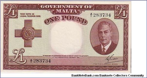 GOVERNMENT OF MALTA-
 KG VI ONE POUND, A CLASSIC Banknote