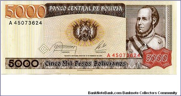 5000 peso boliviano 
Brown/Red
A series
10/02/1984
Coat of Arms & J B y Segurola    
Stylised Condor & Leopard  
Security thread
Watermark J B y Segurola 
Bundesdruckerei Banknote