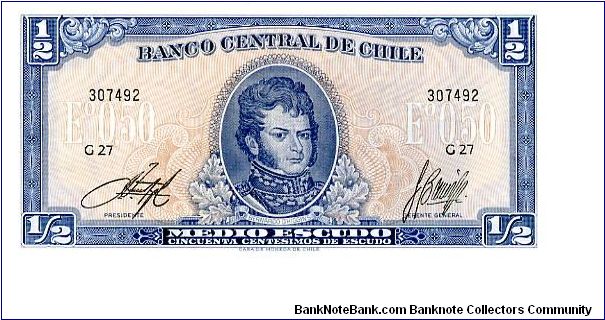 0.50 Escudos
Blue
Black serial number
Bernado O'Higgins
Arrival of Conquistidors in Chile
Watermark General Bernardo O'Higgins Banknote