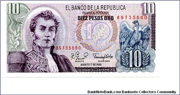 10 Pesos
Green/Purple/Blue
Gen Antonio Narino & Condor 
Liberty head & Archaeological site at San Augustin Banknote