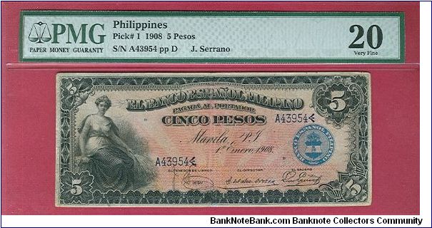 Cinco Pesos Banco Espanol Filipino P-1, Rare note seldom seen in any condition. Banknote