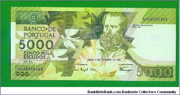 5.000 escudos 1993 UNC Depicting Poet and writer Antero de Quental Banknote