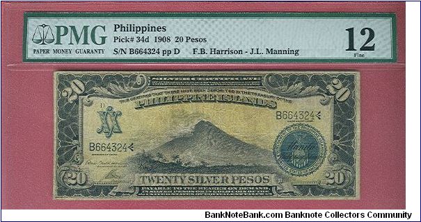 20 Pesos Silver certificate P-34d graded by PMG as Fine 12. Banknote