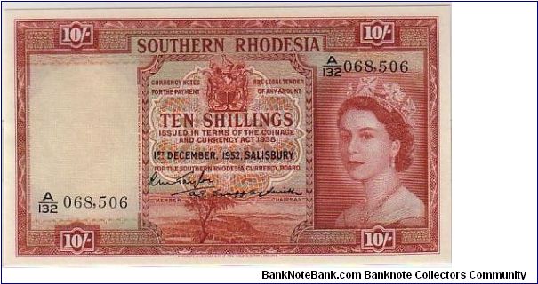 SOUTHERN RHODESIA-
 10/- A RARE BIRD IN AFRICA Banknote