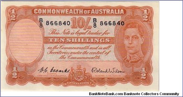 COMMONWEALTH OF AUSTRALIA-1945
  10/- FOR THE KGV Banknote