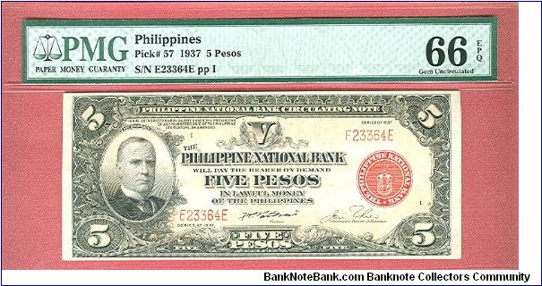 Five Pesos PNB Circulating Note P-57 graded by PMG as Gem UNC 66 EPQ. Banknote