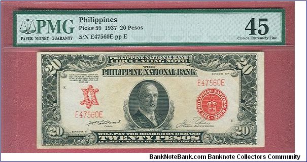 Twenty pesos PNB Circulating Note P-59 graded by PMG as Choice Extremely Fine 45. Banknote