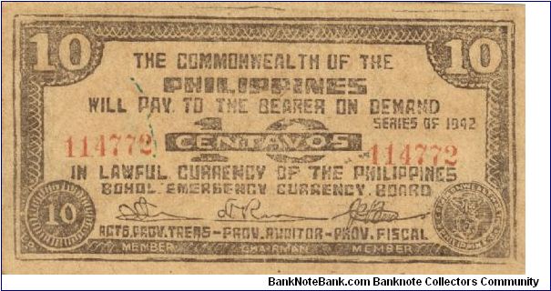 S-131d RARE Bohol 10 centavos note in series, 9 - 9. I will trade this note for notes I need. Banknote