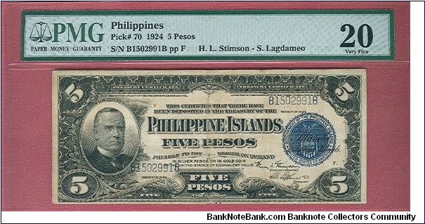 Five Pesos Treasury Certificate P-70 graded by PMG as Very Fine 20. Banknote
