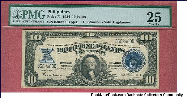 Ten Pesos Treasury Certificate P-71 graded by PMG as Very Fine 25. Banknote