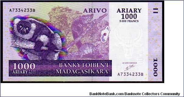 1000 Ariary=5000 Francs
Pk 89 Banknote