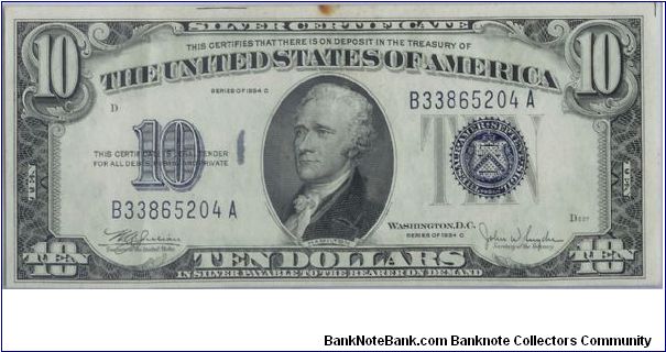 1934 C $10 SILVER CERTIFICATE Banknote