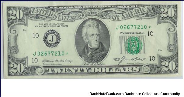1985 $20 KANSAS CITY FRN STAR NOTE(HAS 2 STAPLE MARKS BUT DOESNT TAKE AWAY FROM THE BILL) Banknote