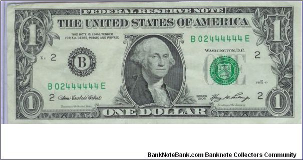 2006 $1 NEW YORK FRN (FANCY SERIAL) #02444444 Banknote