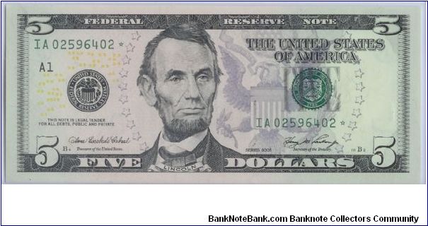 2006 COLORIZED $5 STAR NOTE 2 0F 15 CONSECUTIVE NOTES Banknote