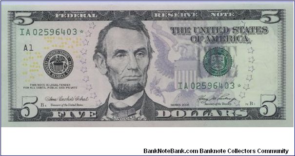2006 COLORIZED $5 STAR NOTE 3 0F 15 CONSECUTIVE NOTES Banknote